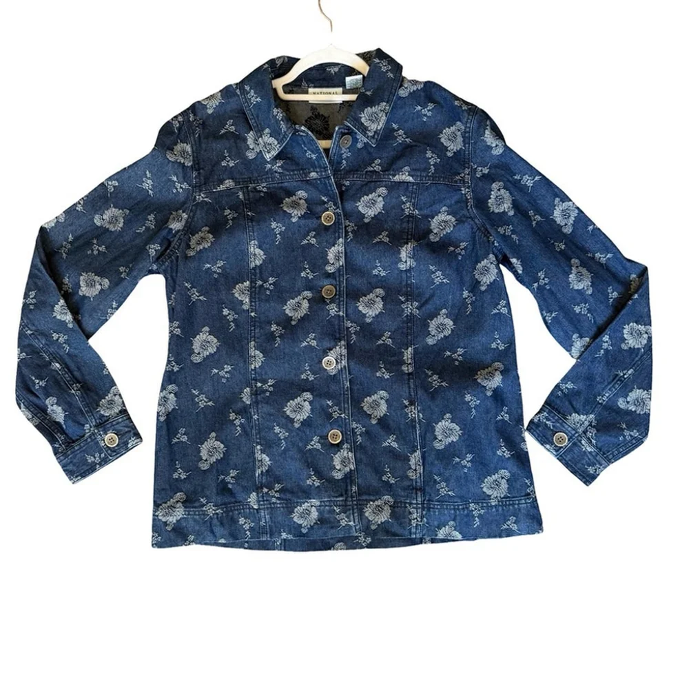 National Wildlife Women's Blue Floral Jean Jacket Size XL Boho Vintage Style